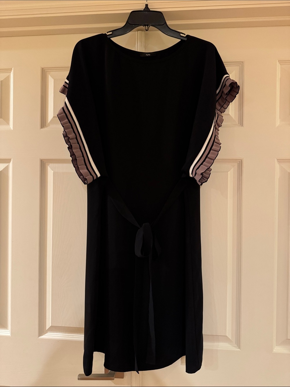 Ruti Midi Dress with Striped Ruffle Sleeves, Size XS/S, Color Black/Mauve/White